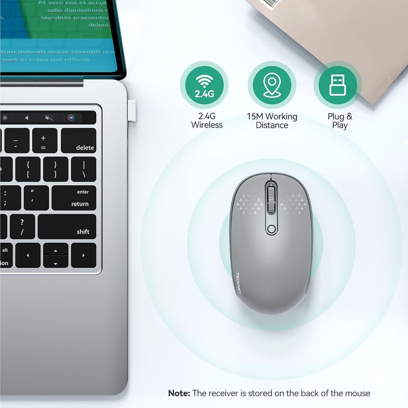 TECKNET Wireless Mouse, 2.4G Quiet Computer Mouse with USB Receiver, 4 Buttons Portable Cordless Mice for Chromebook, Laptop, PC, Mac, 800/1200/1600 DPI - Grey - Image 2